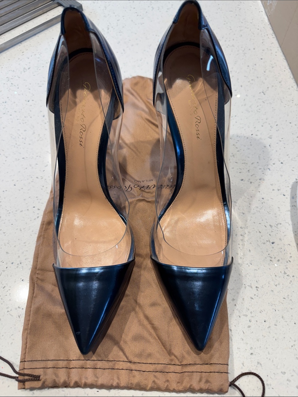 Gianvito Rossi Black Pointed PVC-Panel Leather Pumps